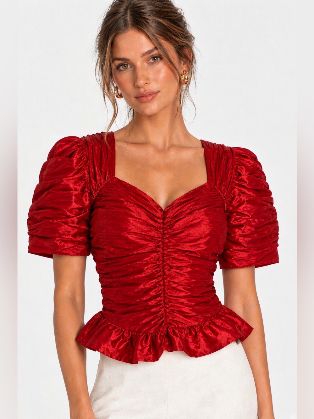 New RHODE Taffeta Peplum Malena Top in Cardinal Red